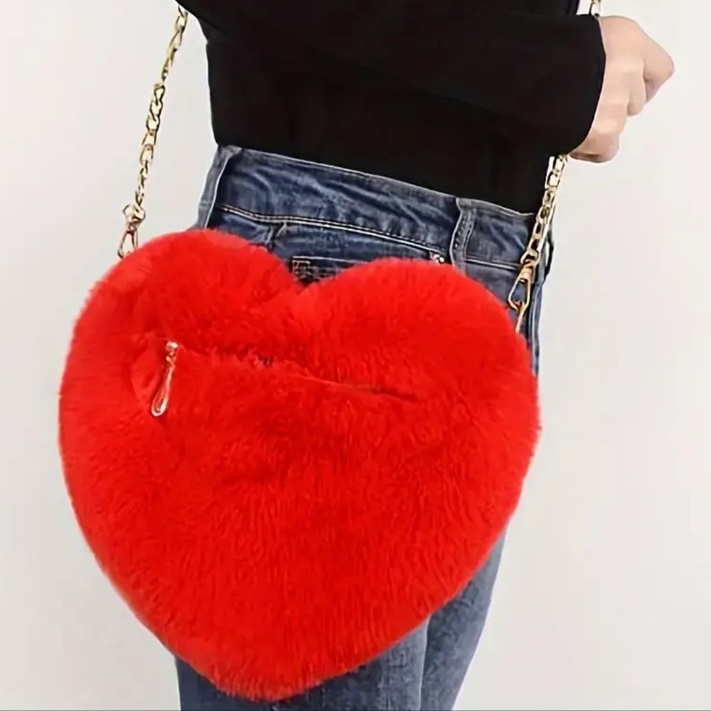 NIP! Candy Apple Red Fuzzy Furry Heart Shaped Crossbody Bag with Gold Hardware!